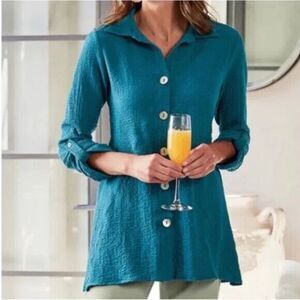 Soft Surroundings Women's Teal Marianna Crinkle Button Down Tunic Size L